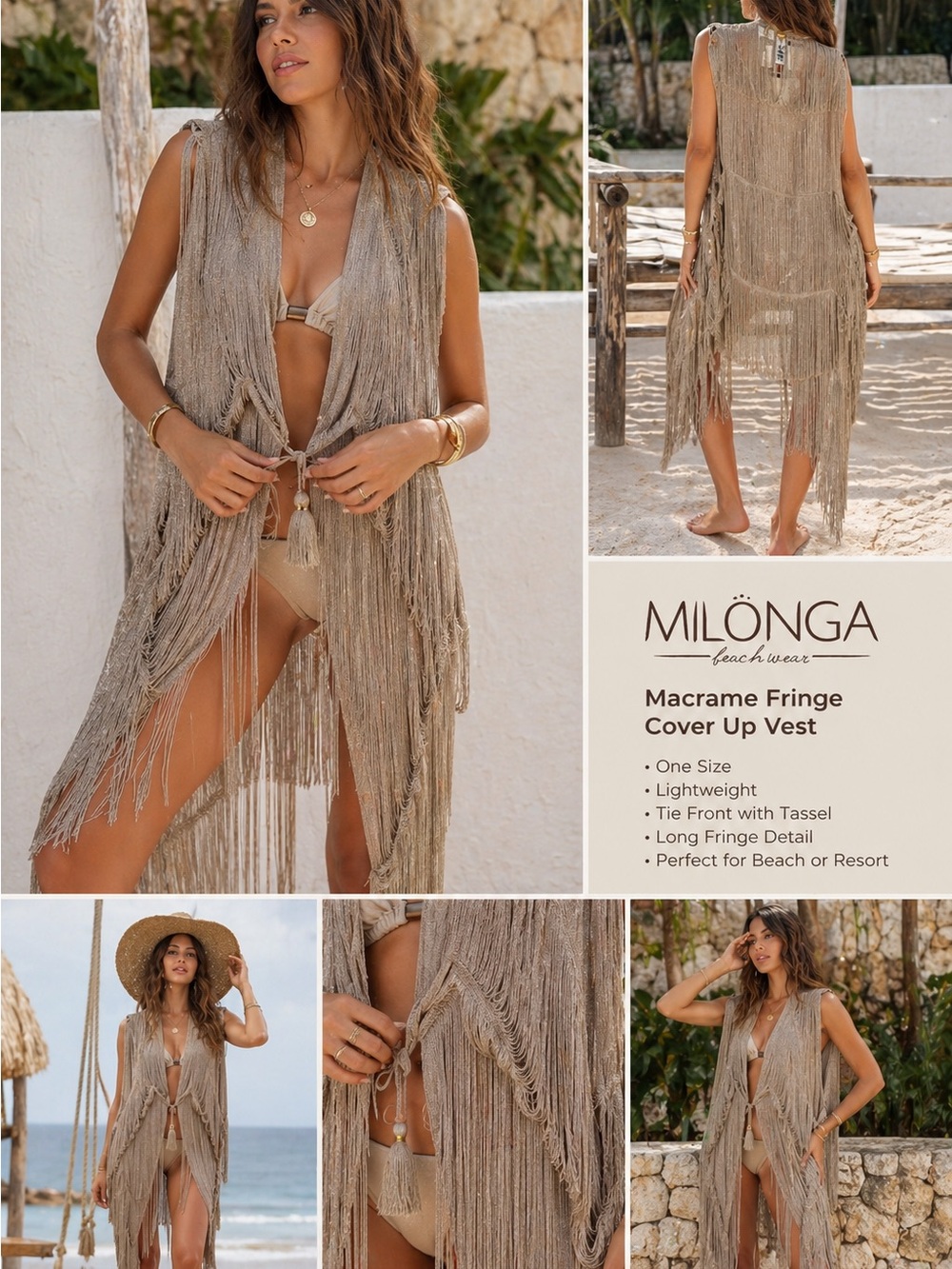 NWT Milong Fringe Cover Up  Macrame Tunic Vest One Size Beachwear Resortwear